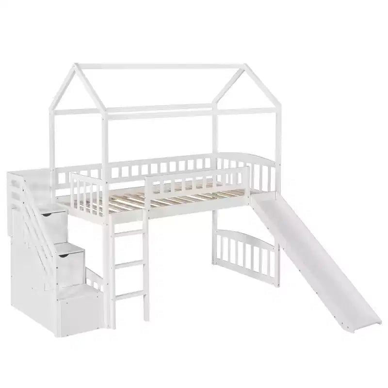 Halfhoogslaper in de vorm van een huis met glijbaan en trap, met opbergladen, houten hutbed voor kinderen en peuters