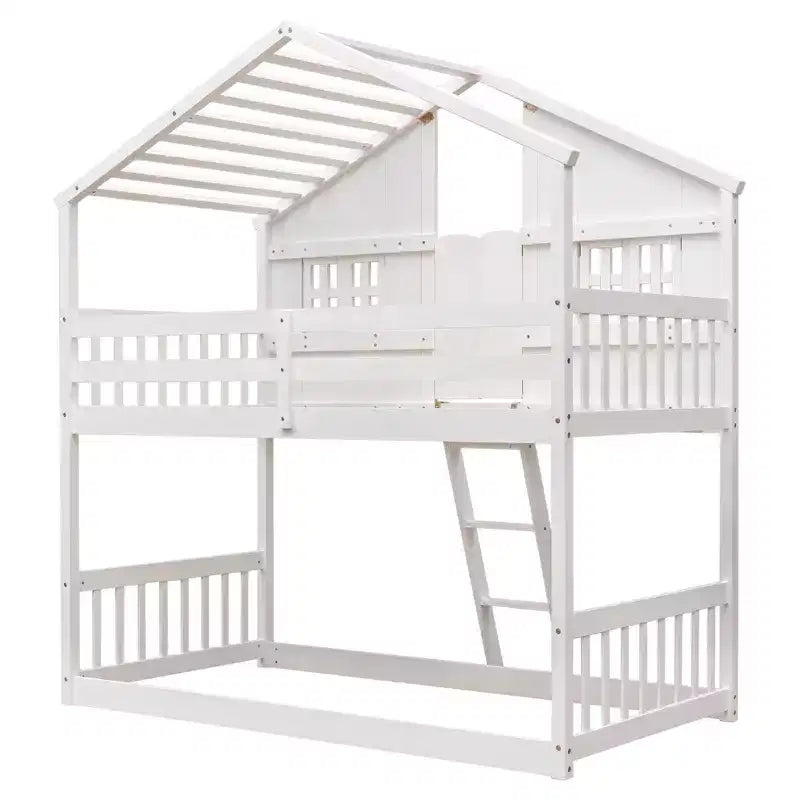 Letto a soppalco a forma di casetta per letto singolo, in legno, con scala e sponde di protezione per bambini