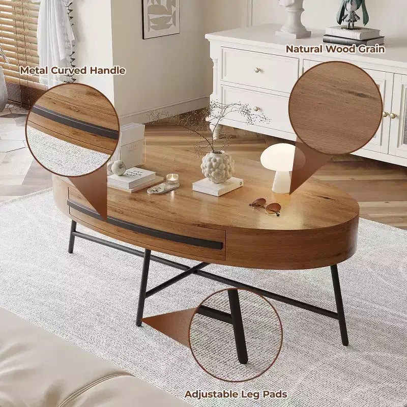 Ovaler Couchtisch mit Schublade, Mid-Century-Modern-Beistelltisch, 47.2, Couchtisch aus Holz mit Stauraum und gekreuzten Metallbeinen, geschwungenes Design