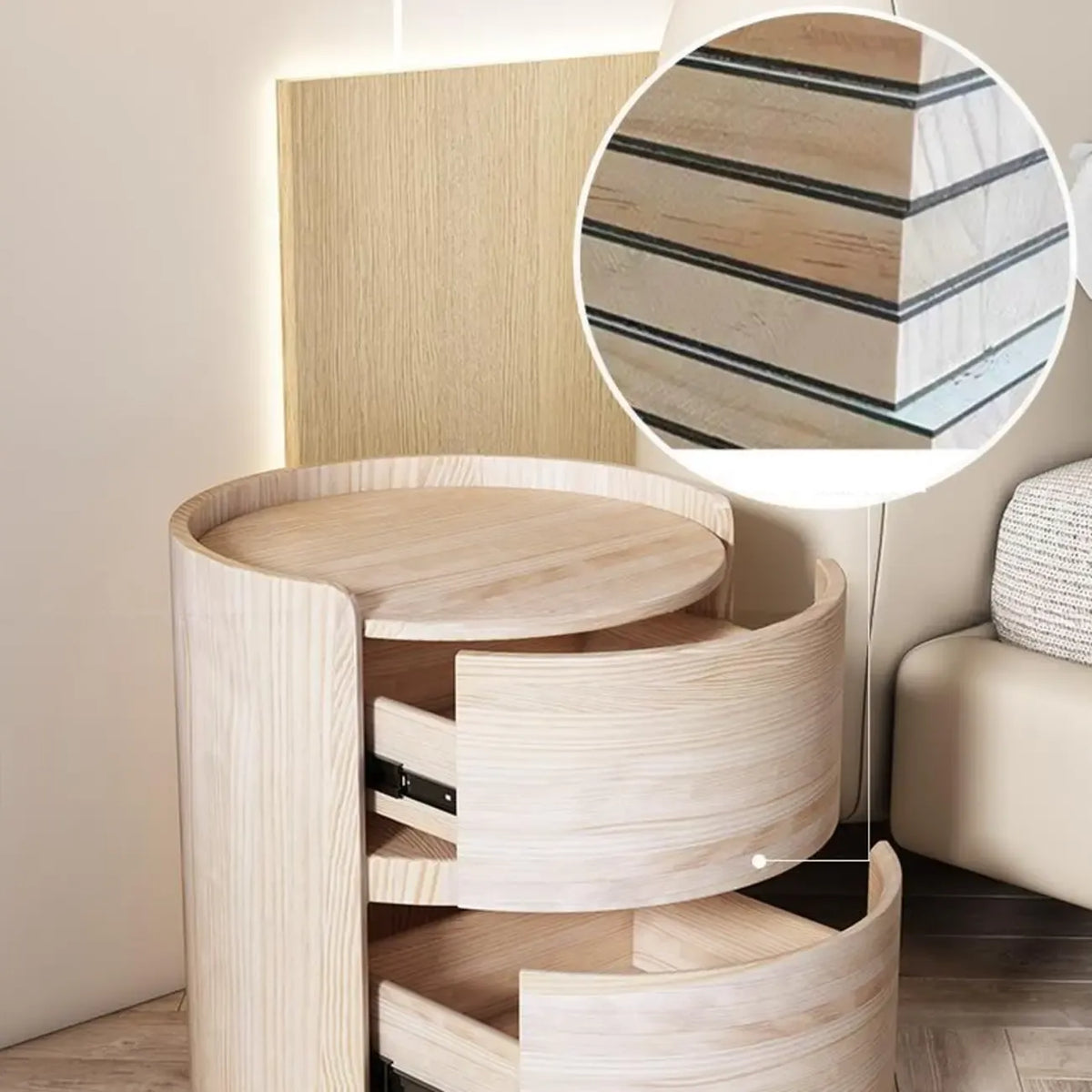 Moderne ronde nachtkastje met leren blad en 2 lades