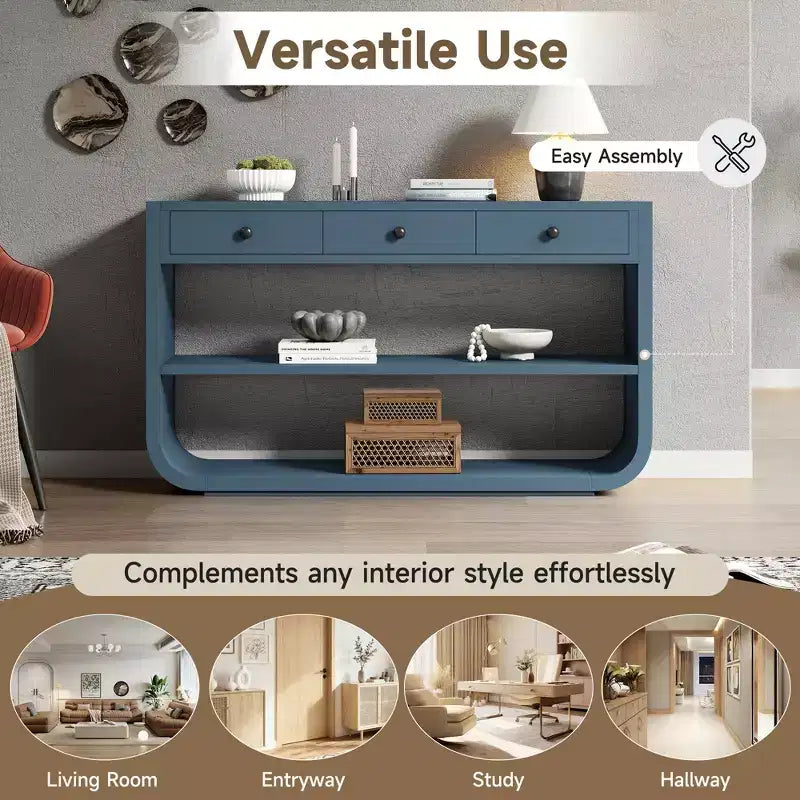 Tavolo consolle curvo ModernLuxe, tavolo d'ingresso, tavolino laterale per divano, espositore, tavolino d'accento con 3 cassetti a chiusura ammortizzata e 2 ripiani aperti