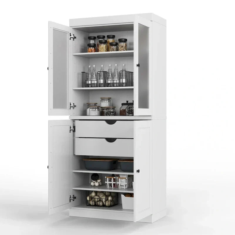 Credenza dispensa in legno massello al 100% con ante in vetro satinato, ante piene, 2 cassetti e ripiani regolabili