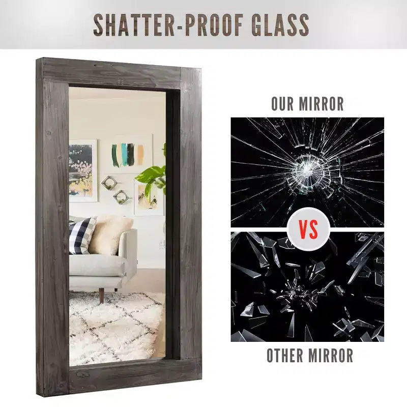 Miroir pleine longueur rectangulaire à angle droit en bois massif brun usé, 71x31 pouces (sans support)