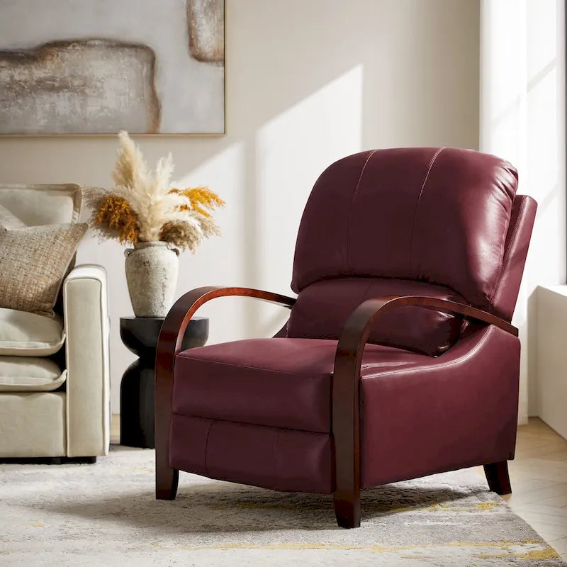 Alex handmatige relaxfauteuil van echt sigarenkleurig leer in mid-century moderne stijl, met gebogen houten armleuningen