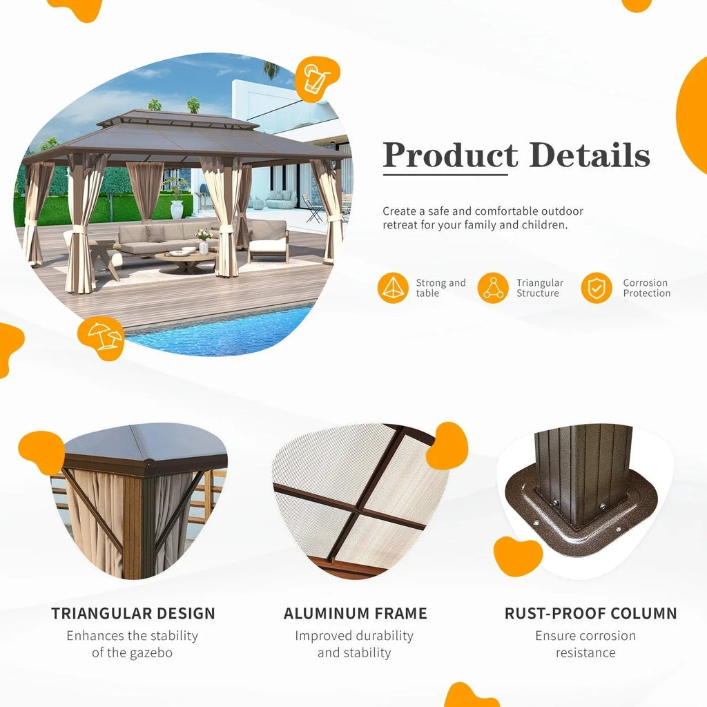Gazebo EROMMY con tetto rigido, pergola da esterno con doppio tetto, rete e tende, copertura robusta per patio, giardino e feste in piscina