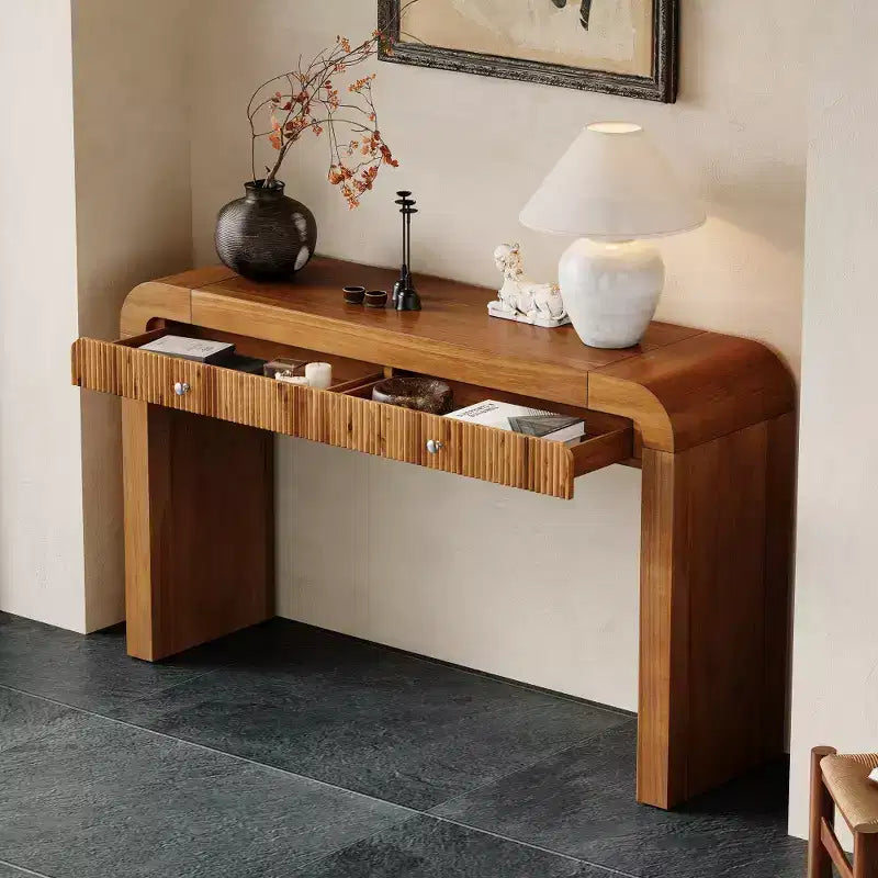 Tavolo consolle rustico Whisen, tavolo da ingresso e tavolino laterale con frontale del cassetto scanalato