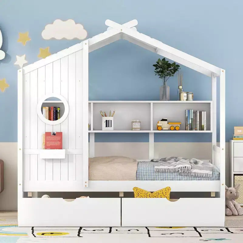 Lit cabane en bois format simple/double avec 2 tiroirs, lit pour enfant avec étagère de rangement - ModernLuxe