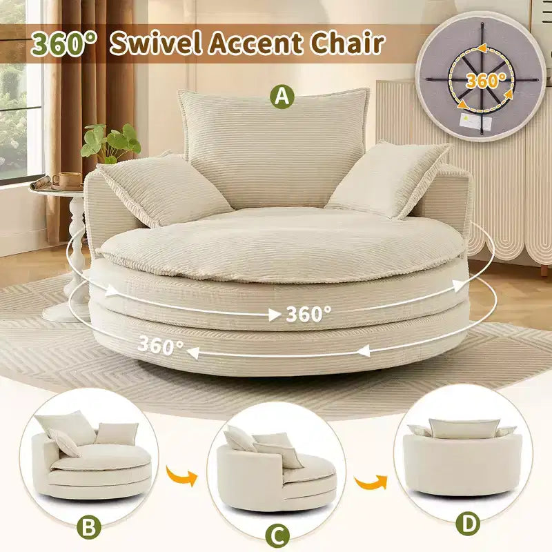 Fauteuil d’appoint pivotant à 360°, fauteuil tonneau rond pivotant avec coussin pour le salon