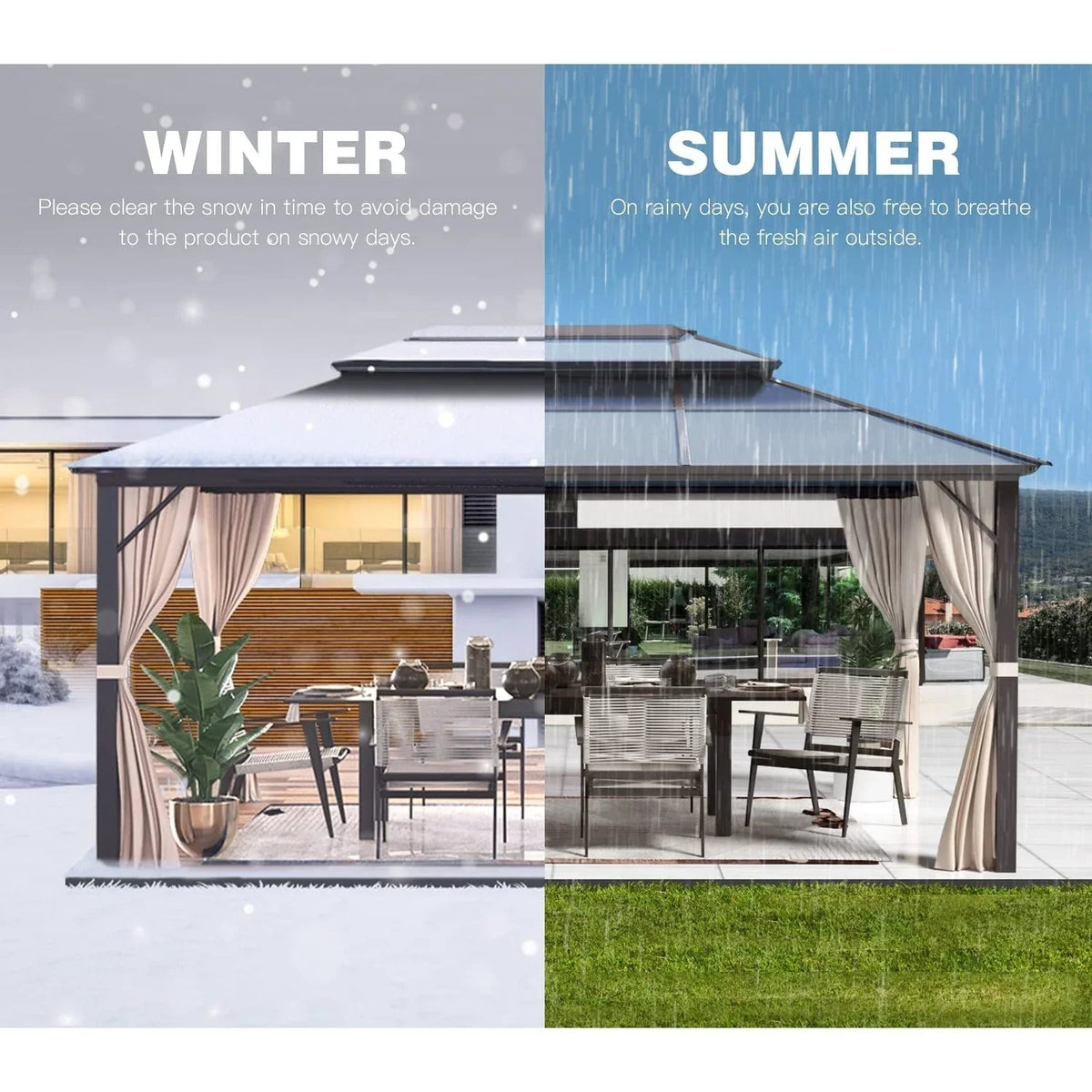 Gazebo EROMMY con tetto rigido, pergola da esterno con doppio tetto, rete e tende, copertura robusta per patio, giardino e feste in piscina