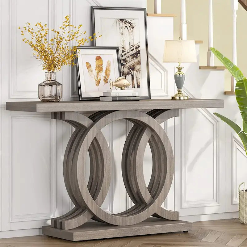 Table console vintage en bois pour couloir, avec piètement géométrique