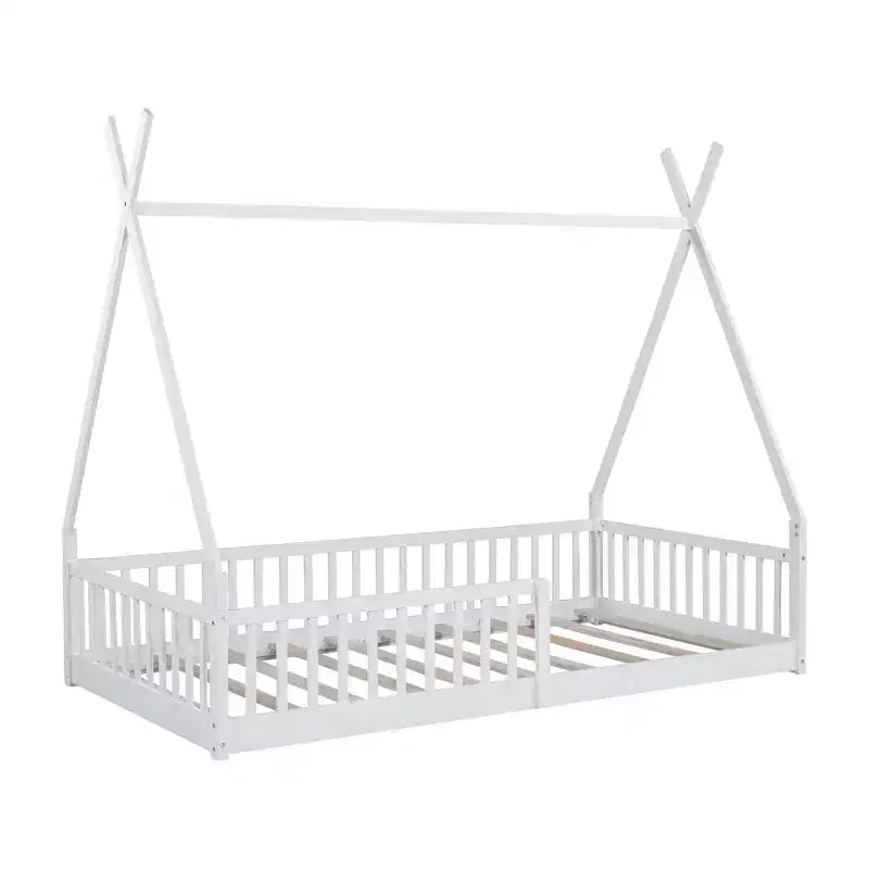 Vloerbed voor kinderen, tentbedden in eenpersoonsformaat, Montessori-vloerbed met latten en hekwerk, houten huisbedframe voor jongens en meisjes