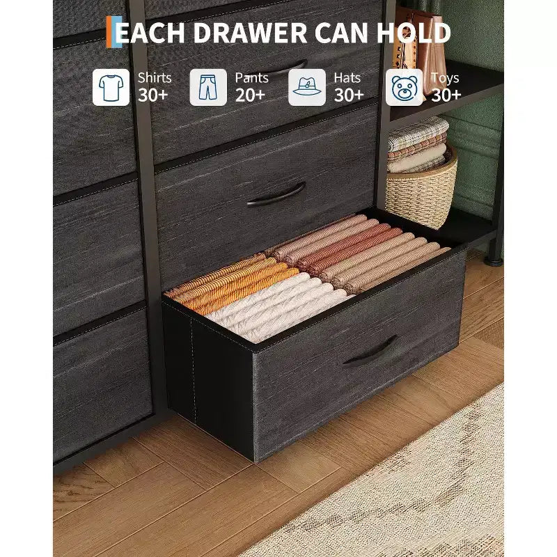 Commode avec 16 tiroirs, tringle de penderie et étagères, organisateur de rangement en tissu pour chambre, placard ou entrée