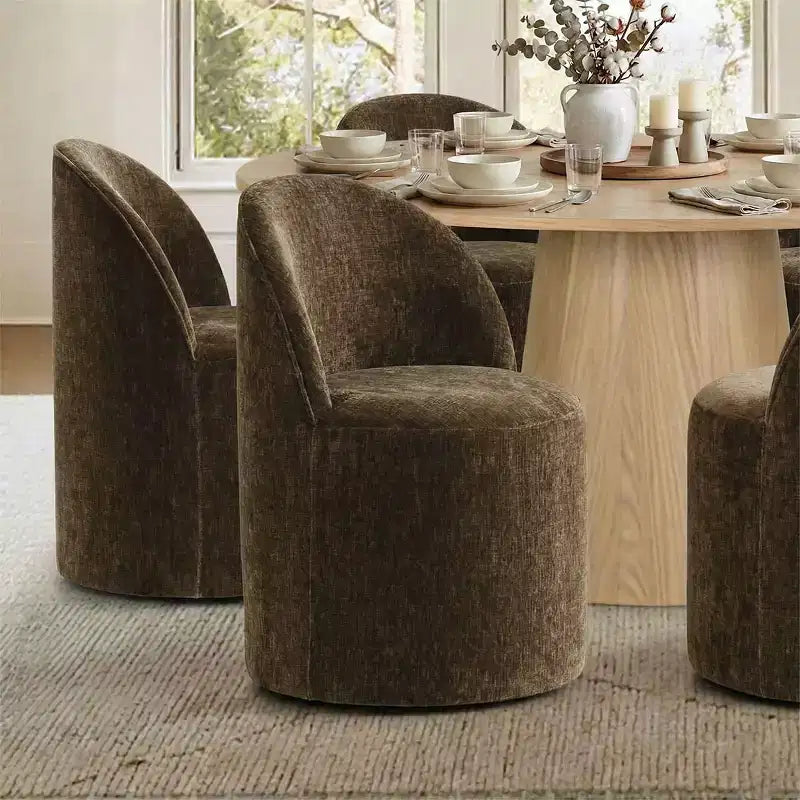 Moderne eethoek voor 6 personen, ronde eettafel met centrale voet, draaibare kuipstoelen op wieltjes, chenillestof met structuur - Panipeachy