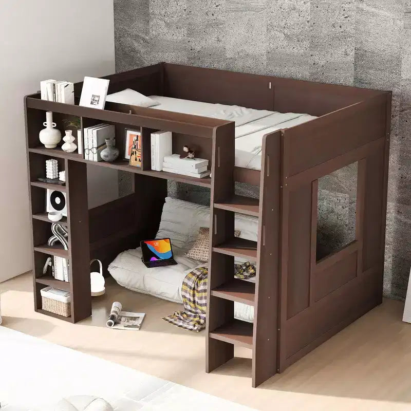 Struttura letto a soppalco in legno Whisen Queen Size con armadietti e ripiani contenitori