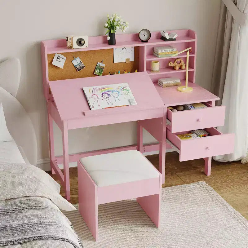 Schreibtisch- und Stuhlset für Kinder, hölzerner Lerntisch mit verstellbarer, neigbarer Tischplatte, Schubladen und Korktafel - Lernschreibtisch-Set für Kinder