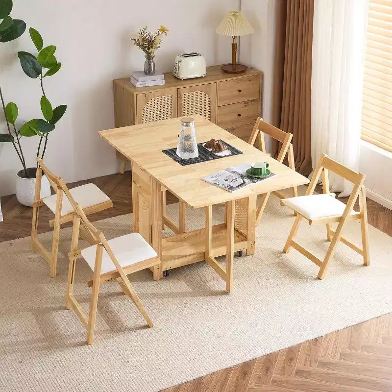 Ensemble table à manger pliante VINGLI, table extensible en bois massif à abattants avec 4 chaises, tiroirs et roulettes, gain de place pour la cuisine