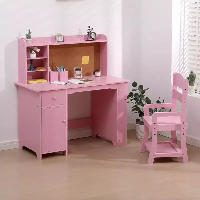 Scrivania e sedia per bambini, set per ragazzi e ragazze, tavolo da studio in legno con libreria, bacheca, armadietto e cassetto, per età da 3 a 8 anni
