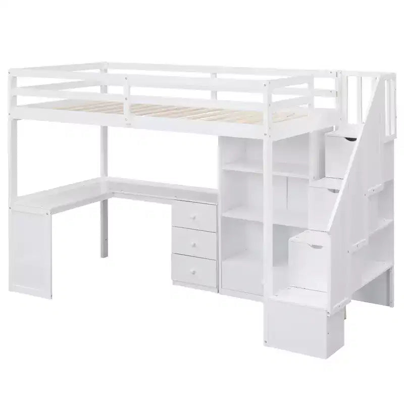 Hoogslaper voor een eenpersoonsmatras met L-vormig bureau, 3 laden, kast, opbergruimte in de trap, gemaakt van massief grenenhout/MDF