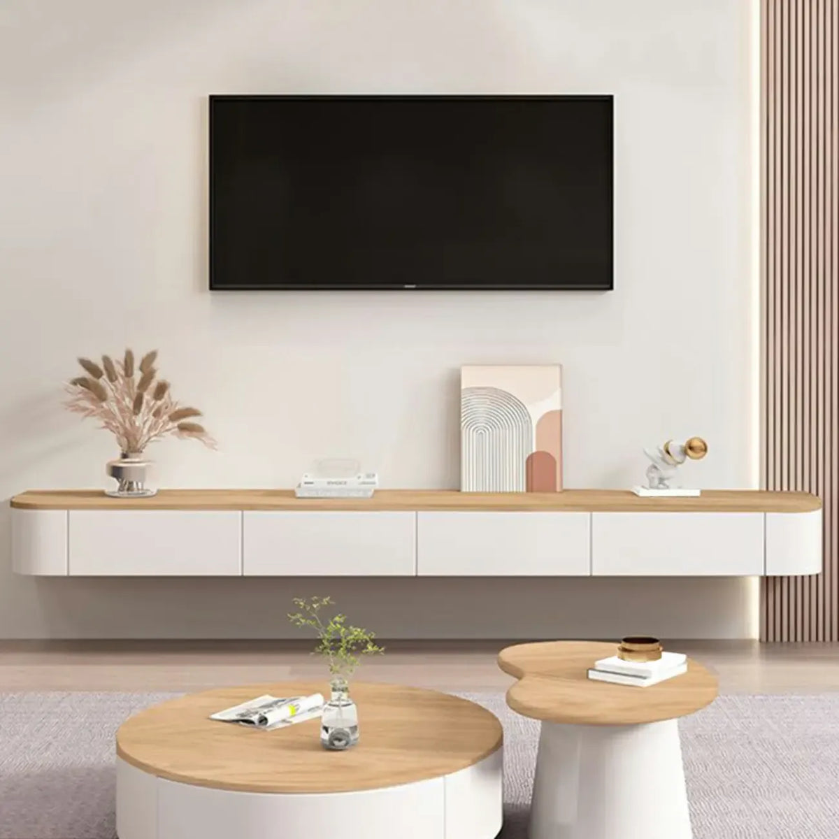 Meuble TV suspendu contemporain, long, en bois blanc, avec tiroirs