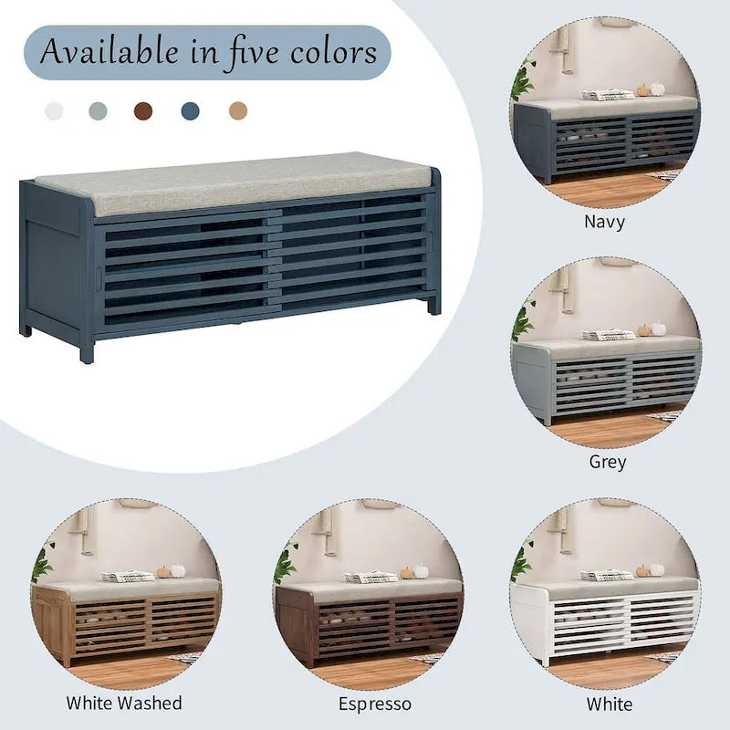 Banc de rangement en bois massif de 43.30 pouces avec persiennes vieillies contemporaines