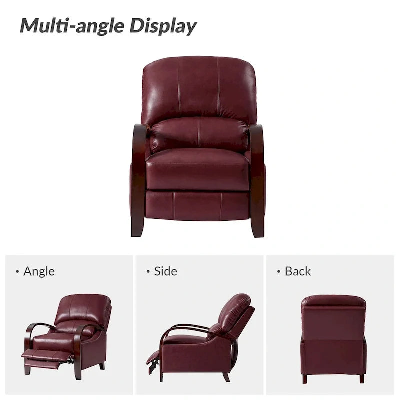 Alex handmatige relaxfauteuil van echt sigarenkleurig leer in mid-century moderne stijl, met gebogen houten armleuningen