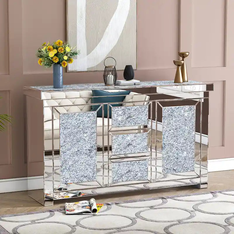 Buffet d’appoint glamour à miroir et motif de diamants, 3 tiroirs
