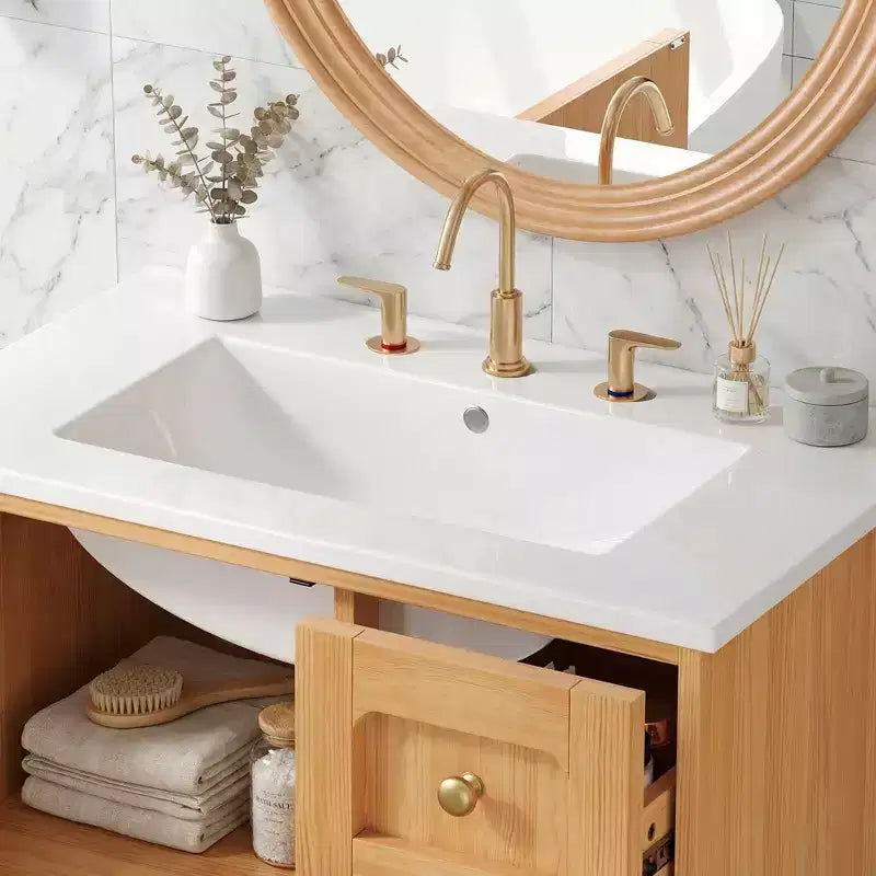 JVNOXK Keramik-Waschtischunterschrank, 30 Zoll, rustikal-modern, mit 3 Schubladen und 1 großen Tür mit Soft-Close-Funktion, Aufbewahrungsschrank, natürliche Holzmaserung
