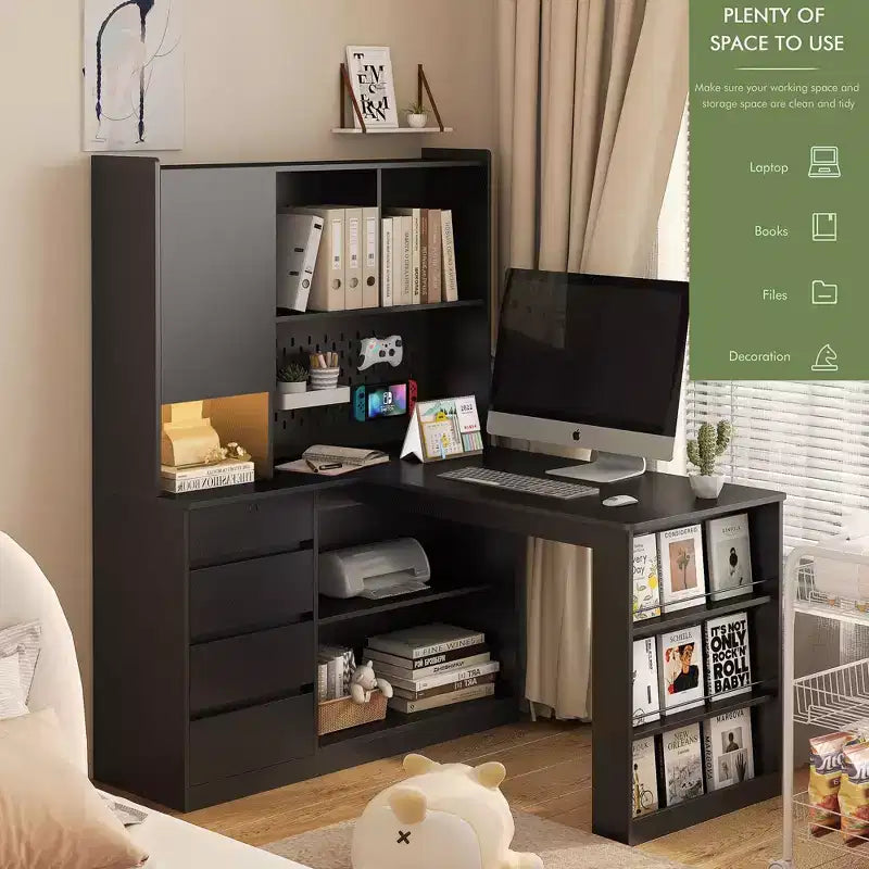 Hoekbureau van 46 inch in L-vorm met boekenplank en lades