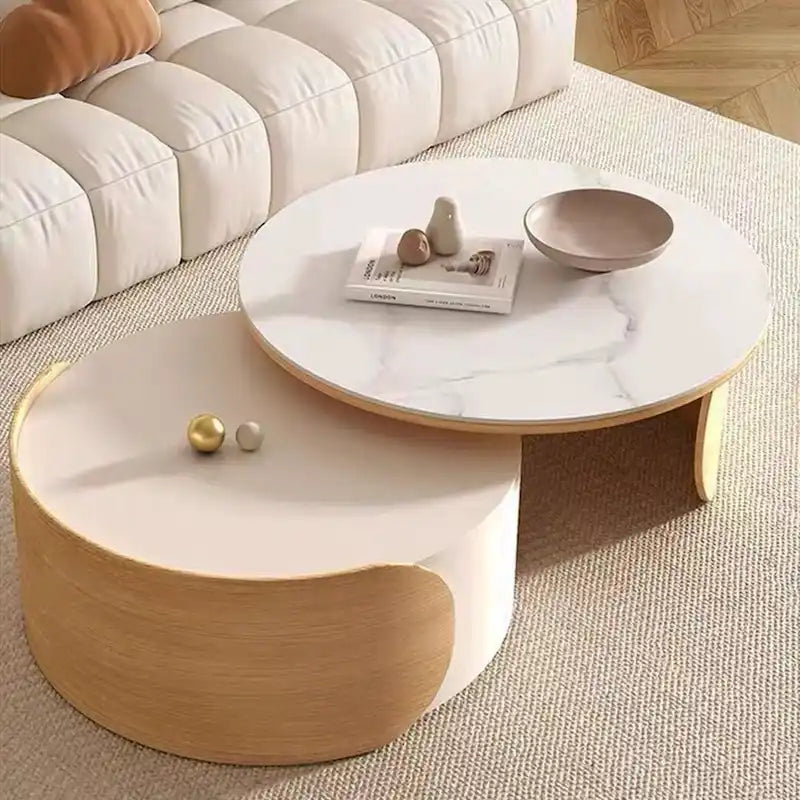 Moderner runder Couchtisch, Tischplatte aus Stein, Naturholz - 50  x 31.5