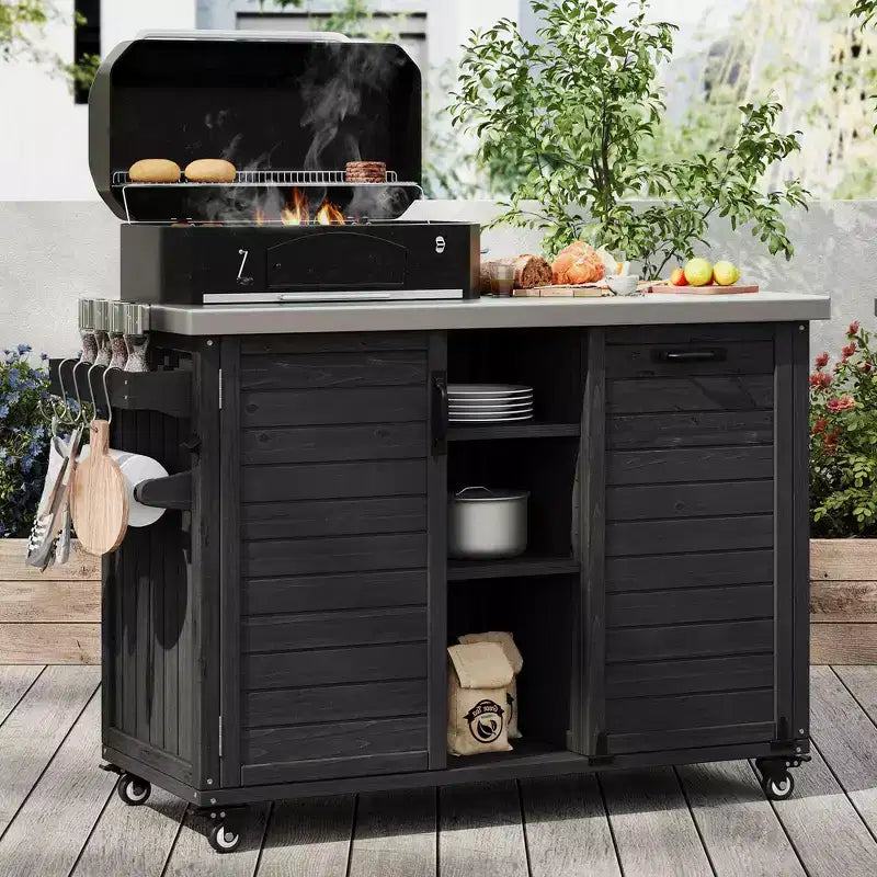 Outdoor-Kücheninsel mit klappbarem Beistelltisch, Grillwagen für draußen mit Edelstahlplatte, verstecktem Müllschrank für Rasen und Garten