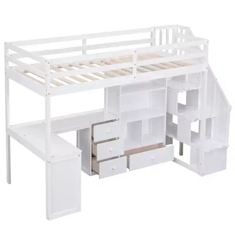 Hoogslaper voor een eenpersoonsmatras met L-vormig bureau, 3 laden, kast, opbergruimte in de trap, gemaakt van massief grenenhout/MDF