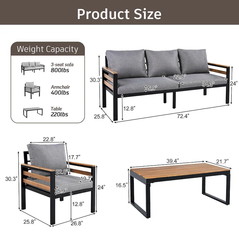 Ensemble de canapé d'extérieur 4 pièces pour 5 personnes, avec table basse en bois massif et coussins amovibles