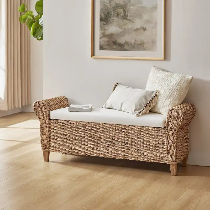 Bab Boho-Landhaus-Sitzbank mit Rattangeflecht und Stauraum, durchbrochen geschnitzte Designs von HULALA HOME