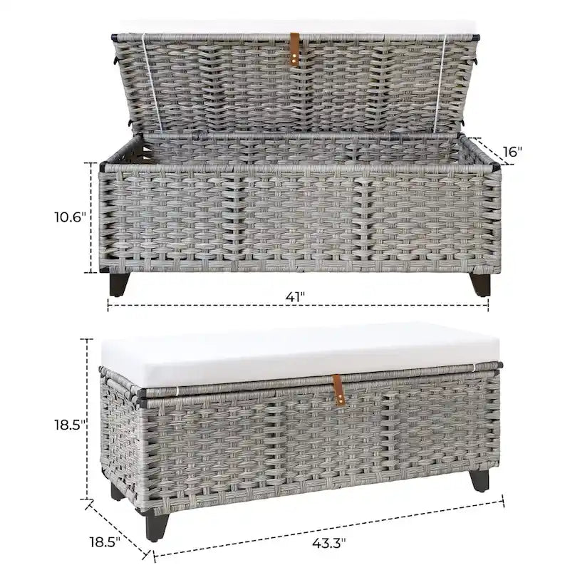 Banc de rangement en osier avec coussin pour chambre, salon ou véranda - 18.5 H X 43.3 W X 18.5 P