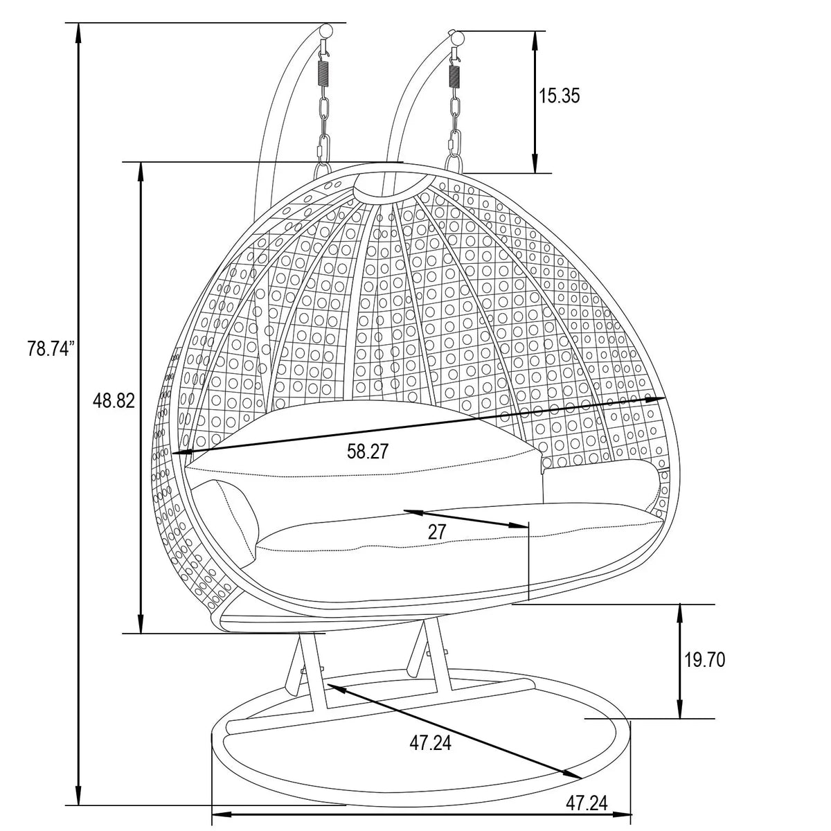 LeisureMod Hängesessel in Ei-Form für 2 Personen mit Gestell - Rattan-Pendelsessel für drinnen und draußen, Hängemattensessel für die Terrasse mit Kissen