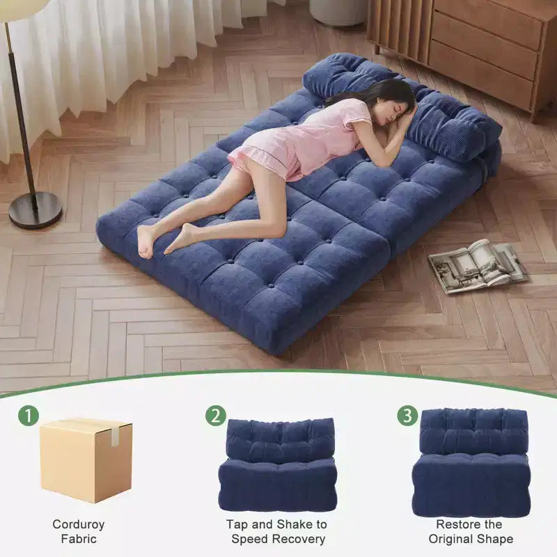 Futon pliant convertible en lit, format deux places, en velours côtelé, fauteuil-lit de sol avec coussin et soutien dorsal