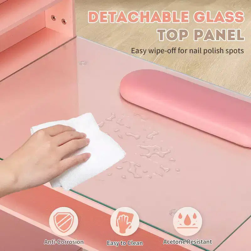 Zwart / roze moderne manicuretafel met glazen blad en polssteun, één werkplek