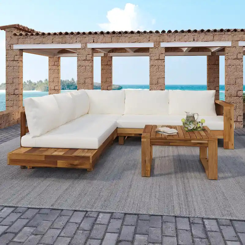LSet di divani componibili angolari per patio con tavolo, chaise longue da esterno in legno, set conversazione da 4 pezzi