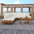 LSet di divani componibili angolari per patio con tavolo, chaise longue da esterno in legno, set conversazione da 4 pezzi