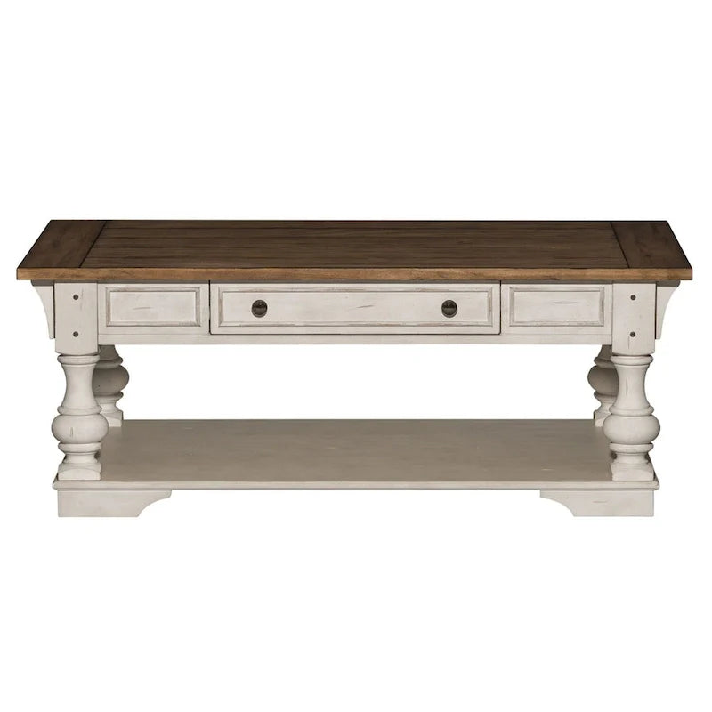 Table basse cocktail Morgan Creek blanc antique, accents brossés à fil ouvert couleur tabac