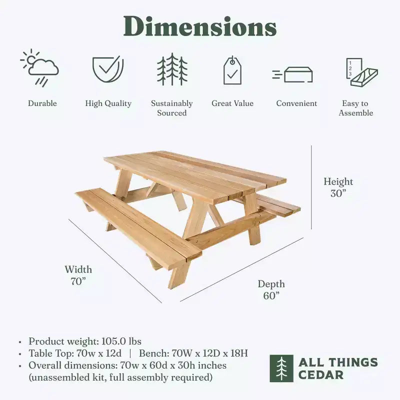 Table de pique-nique d'extérieur All Things Cedar de 6 pieds, ensemble de bancs de terrasse en bois fabriqué à la main pour le camping, les fêtes dans le jardin ou les rassemblements d'avant-match, cèdre rustique