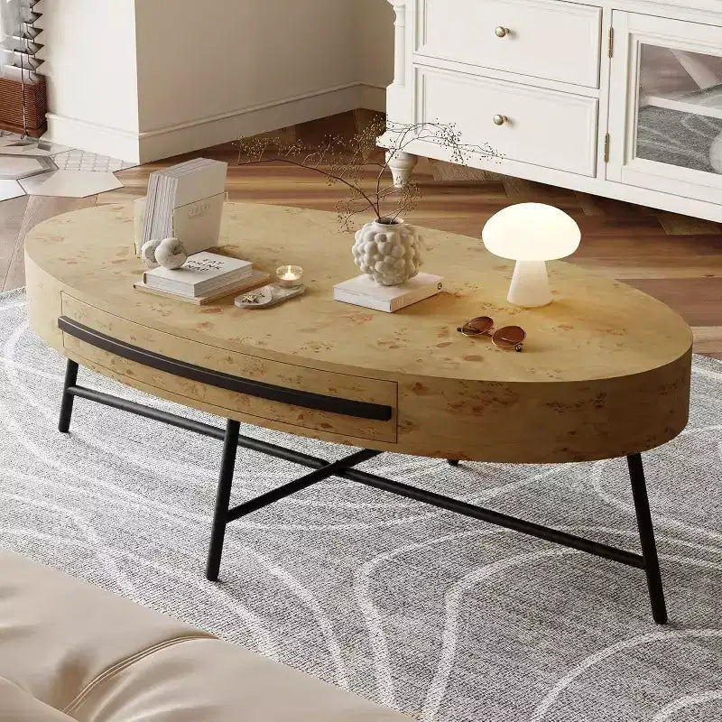 Table basse ovale Acekool avec tiroir, table de rangement en bois de 47.2 avec pieds croisés en métal, table centrale moderne du milieu du siècle en finition saule naturel et doré