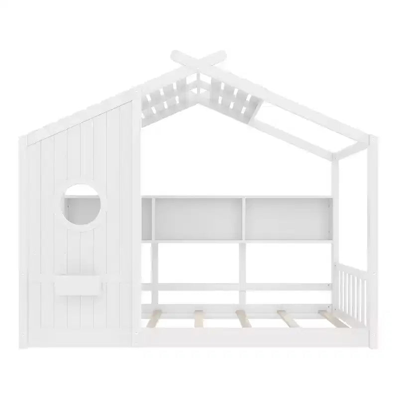 Bodenbett in Hausform für Kinder, Montessori-Spielhausbett mit Ablagefach und Dachdesign
