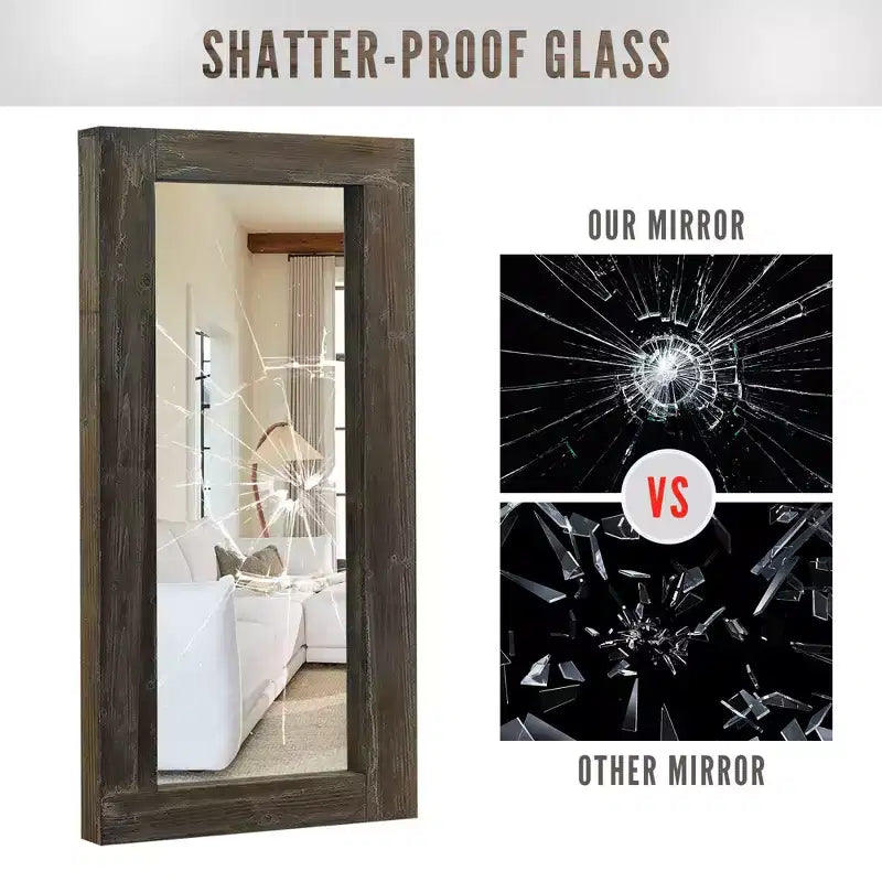 Miroir pleine longueur rectangulaire à angle droit en bois massif brun usé, 71x31 pouces (sans support)