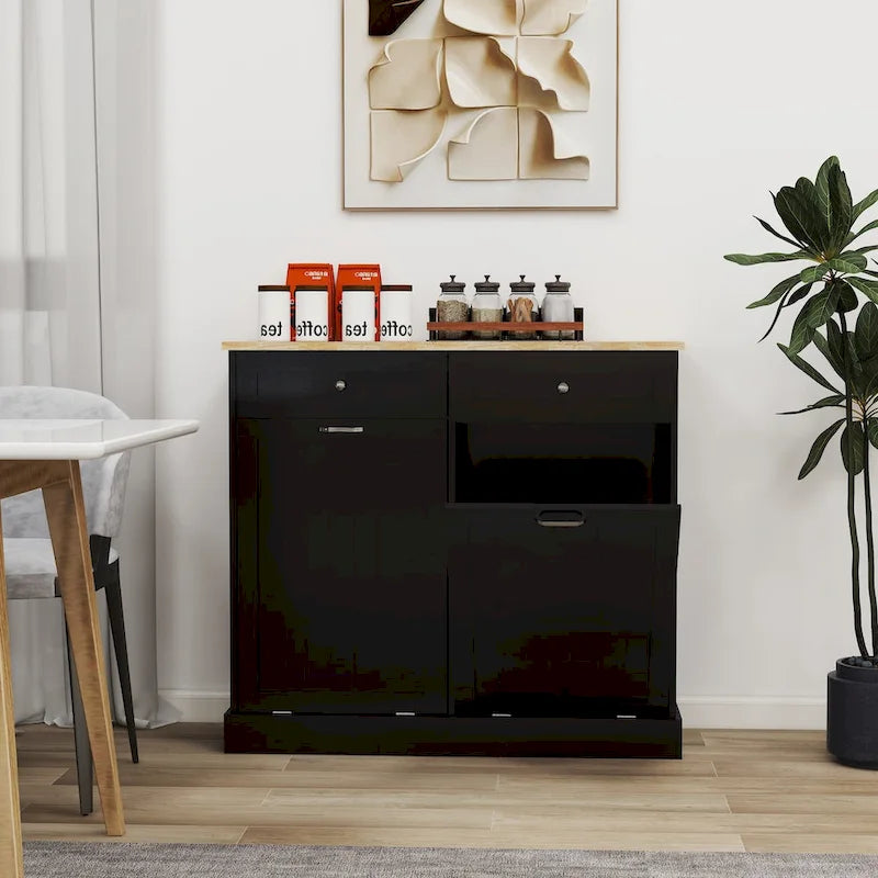 Meuble de cuisine pour poubelle basculante à deux compartiments avec deux tiroirs - noir