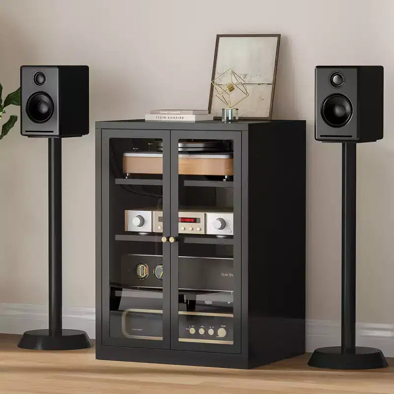 Meuble multimédia en métal Bekrvio, meuble stéréo à 4 niveaux avec portes en verre et étagères réglables, rack audio et audiovisuel avec gestion des câbles