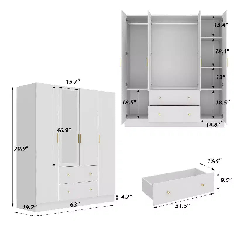 Armoire Hitow avec 2 grands tiroirs, espace central pour suspendre les vêtements et miroir, style minimaliste