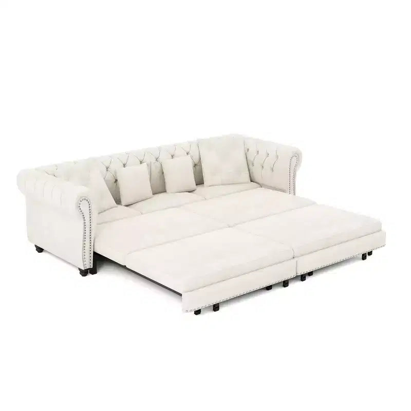 Canapé-lit convertible 3-en-1 Whisen en velours, format king size, avec pouf mobile, design capitonné