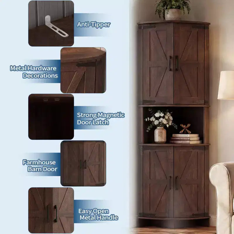 64.8 hohe Eckvitrine mit Türen, brauner Eckschrank im Landhausstil, freistehender Eck-Vorratsschrank mit verstellbaren Einlegeböden