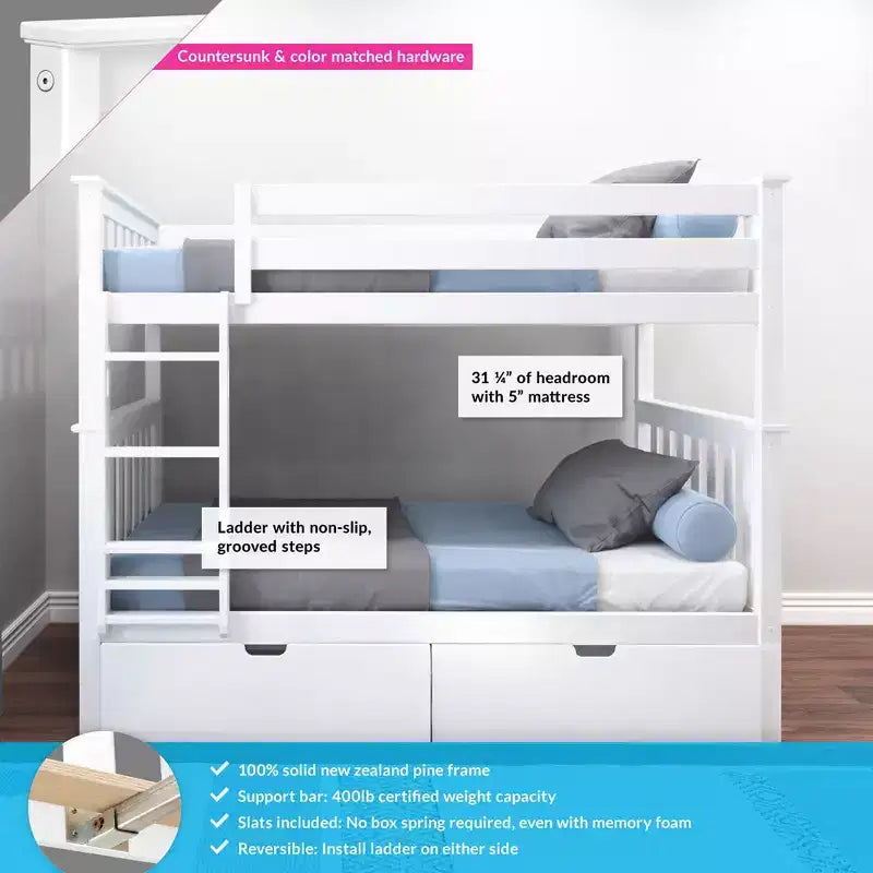 Letto a castello in legno massello per bambini, con due letti singoli sovrapposti e cassetti contenitori sotto il letto